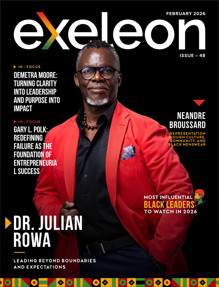 Exeleon Magazine cover featuring Dr Julian Rowa recognized among influential Black leaders in leadership strategy and AI advisory Africa